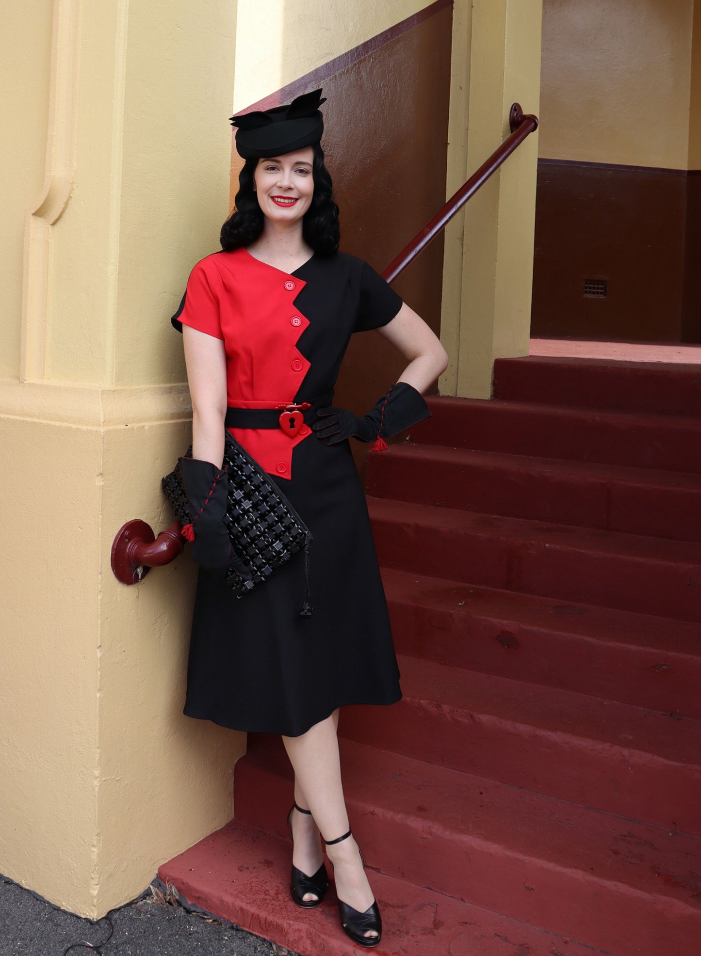 1940s Sawtooth Color Block Dress - Red/Black
