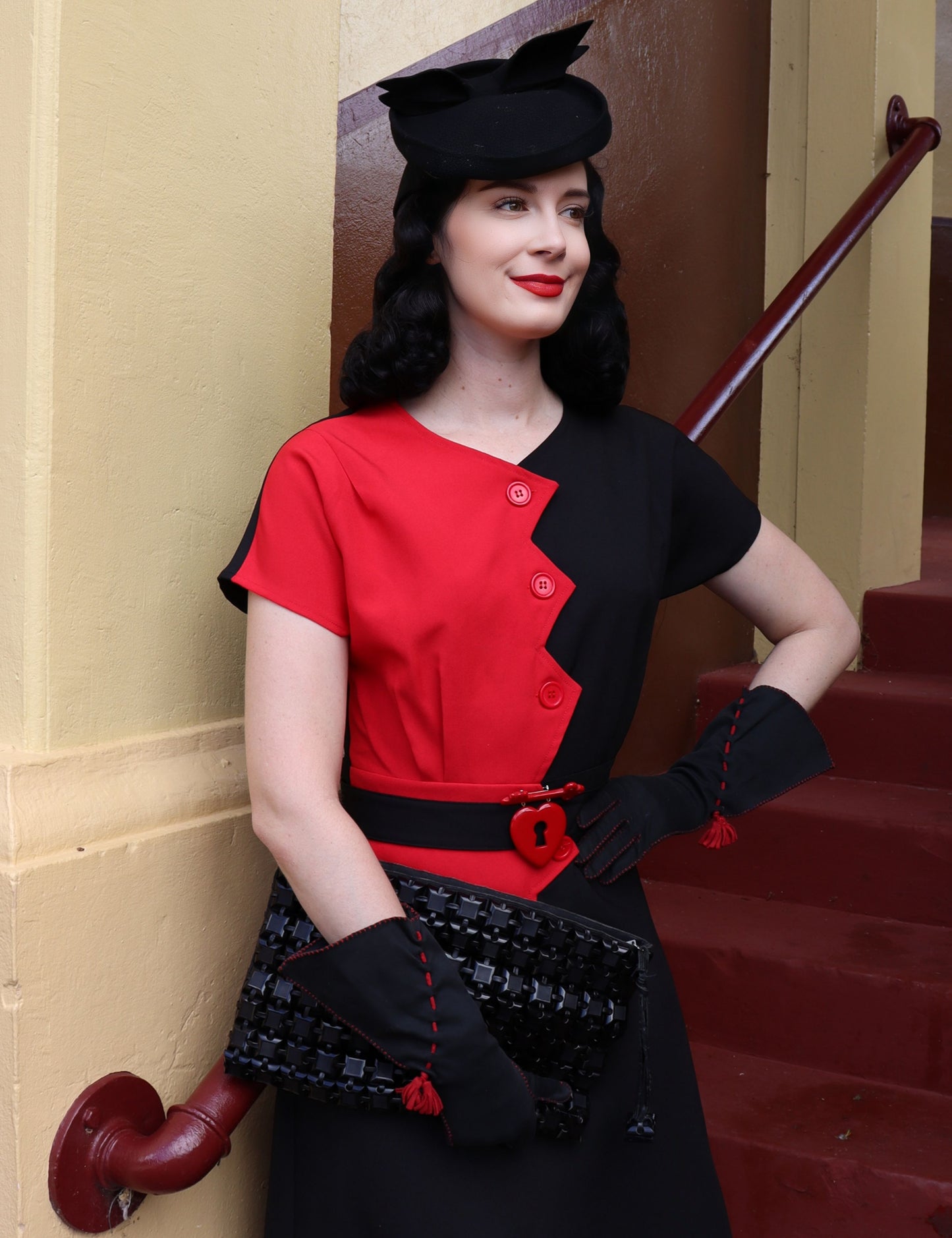 1940s Sawtooth Color Block Dress - Red/Black