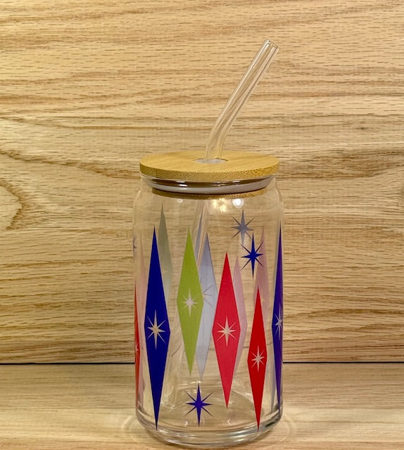 MCM Multi-Colored Starburst Glass with Bamboo Lid and Straw