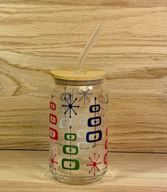 Mid-Century Modern Glass with Bamboo Lid and Straw