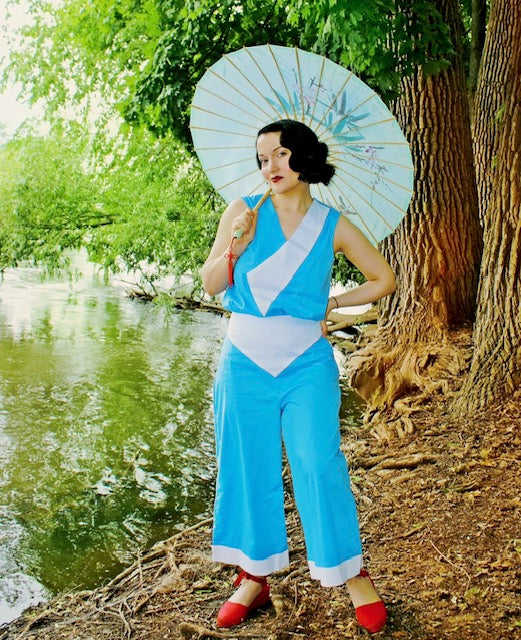1930s Deco Beach Pyjama Culottes - Berry Blue