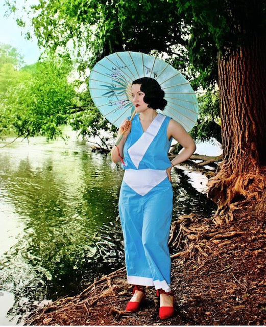 1930s Deco Beach Pyjama Culottes - Berry Blue