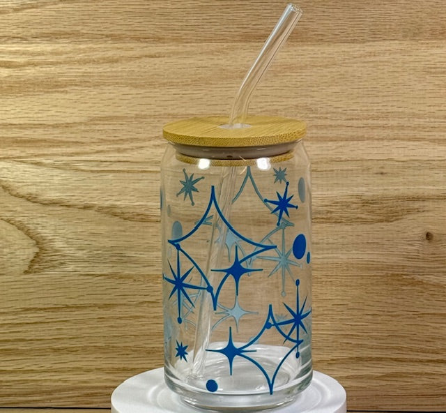 Turquoise Mid-Century Modern Glass with Bamboo Lid and Straw