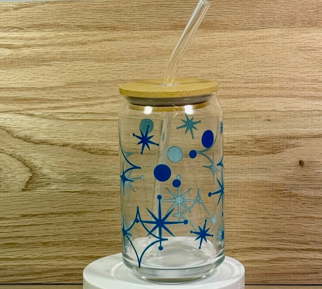 Turquoise Mid-Century Modern Glass with Bamboo Lid and Straw