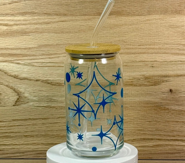 Turquoise Mid-Century Modern Glass with Bamboo Lid and Straw