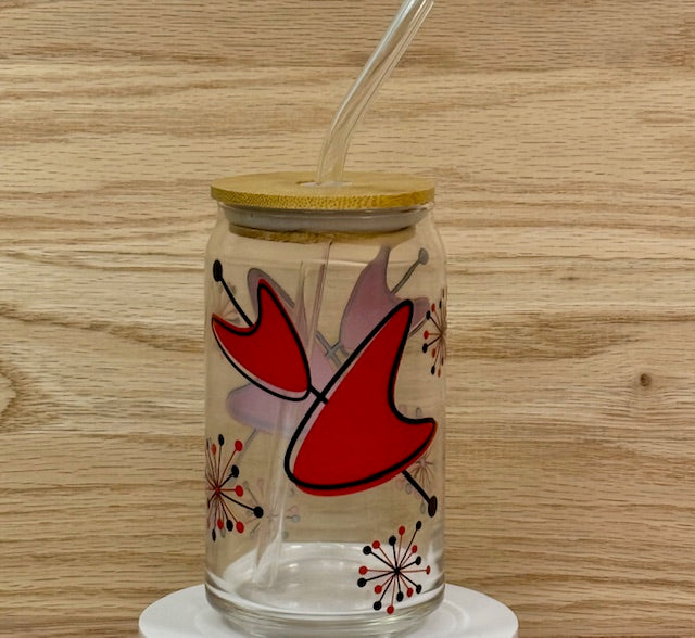 MCM Red Sputnik Boomerang Glass with Bamboo Lid and Straw