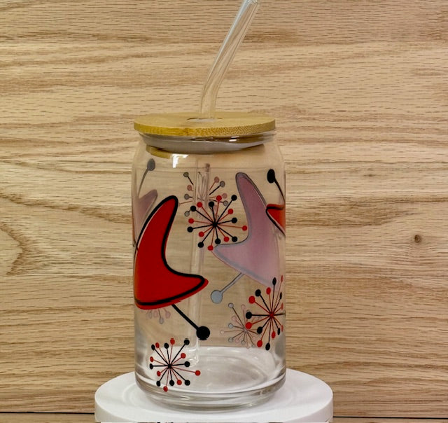 MCM Red Sputnik Boomerang Glass with Bamboo Lid and Straw