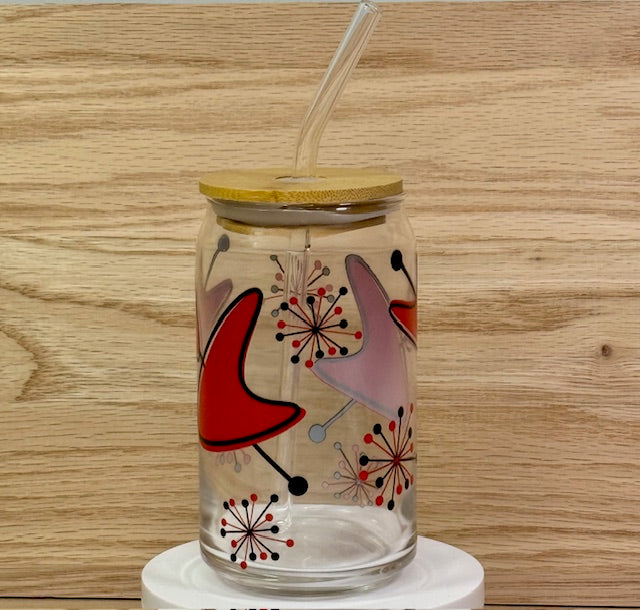MCM Red Sputnik Boomerang Glass with Bamboo Lid and Straw