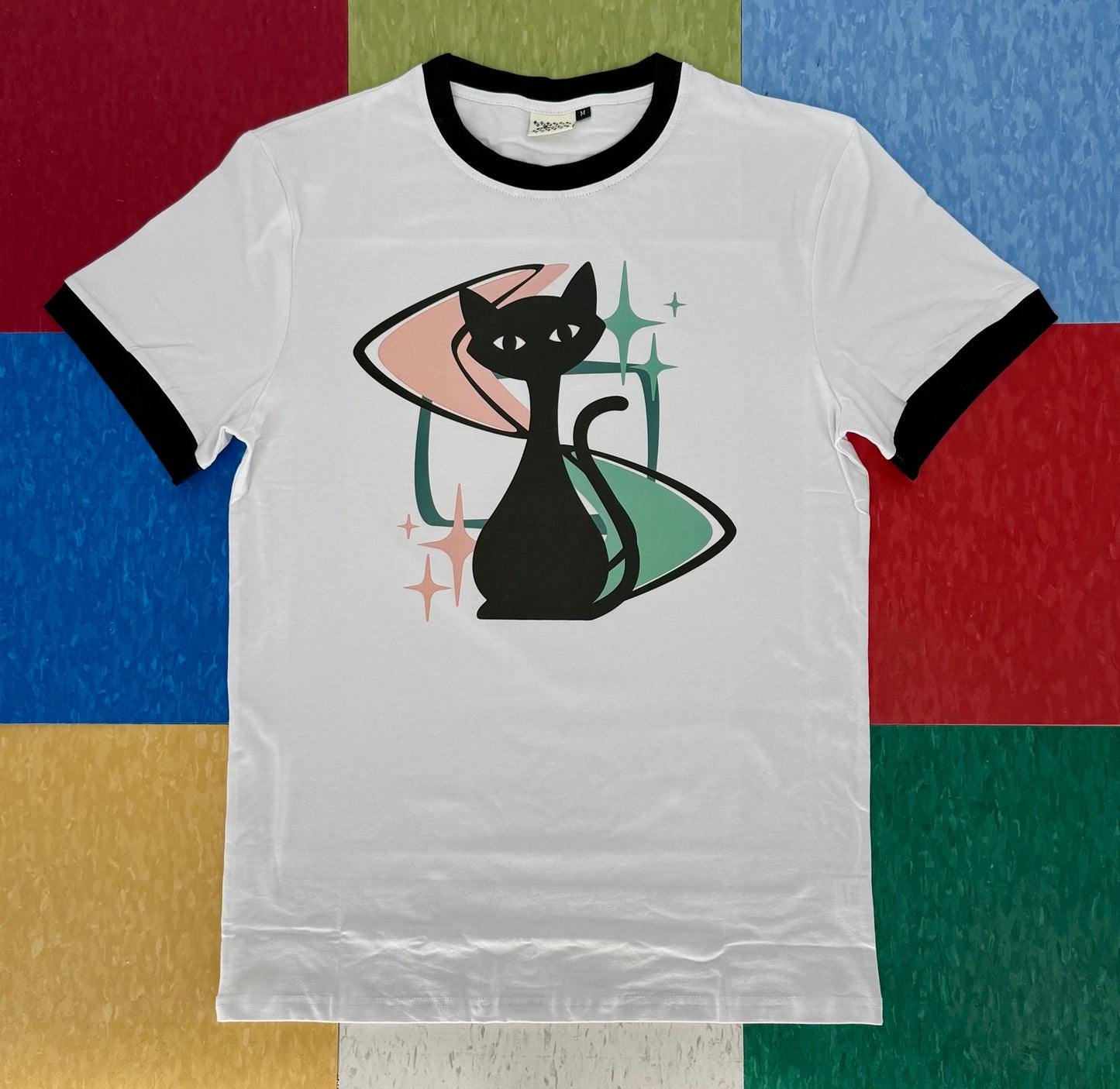 MCM Atomic Bettie Cat Boomerang Black and White Ringer Tee