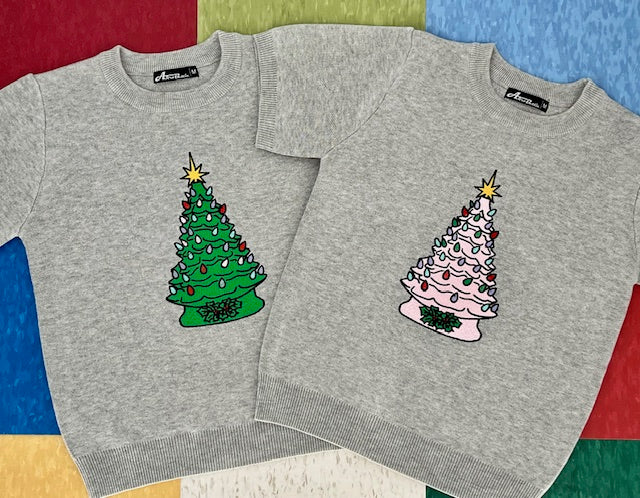 Kitschmas Green Ceramic Tree Grey Sweater