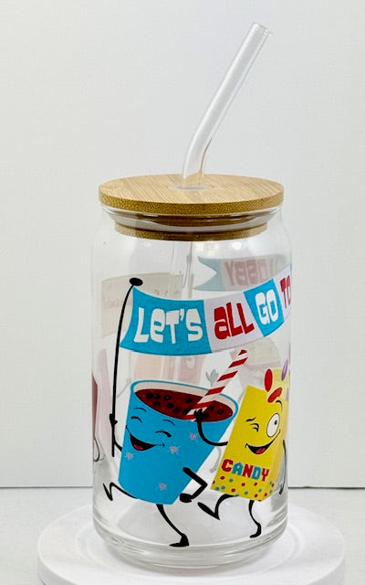 Let’s All Go To The Drive-In Glass with Bamboo Lid and Straw