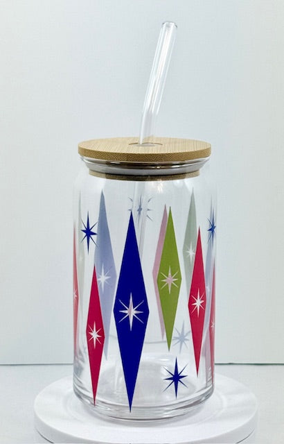 MCM Multi-Colored Starburst Glass with Bamboo Lid and Straw