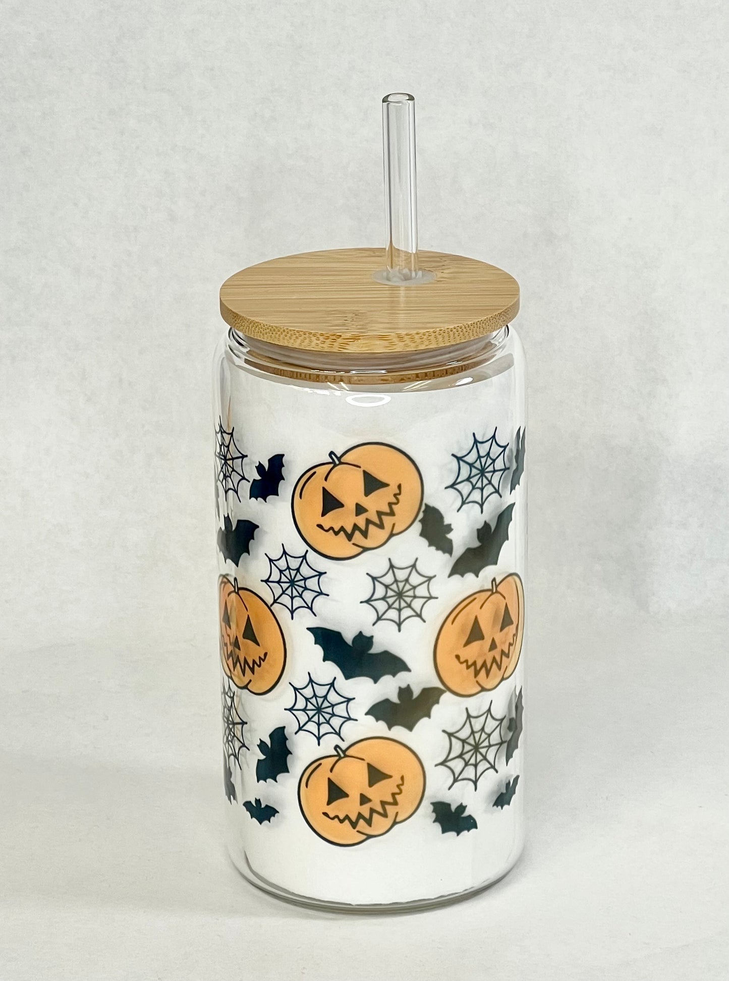 Halloween Jack Glass with Bamboo Lid and Straw