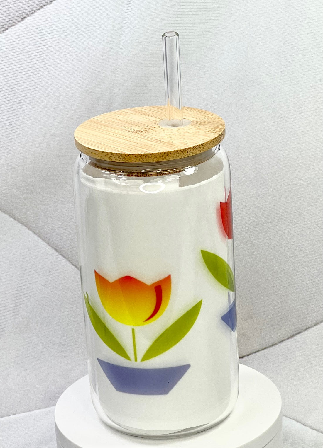 Fire King Style Tulip Glass with Bamboo Lid and Straw