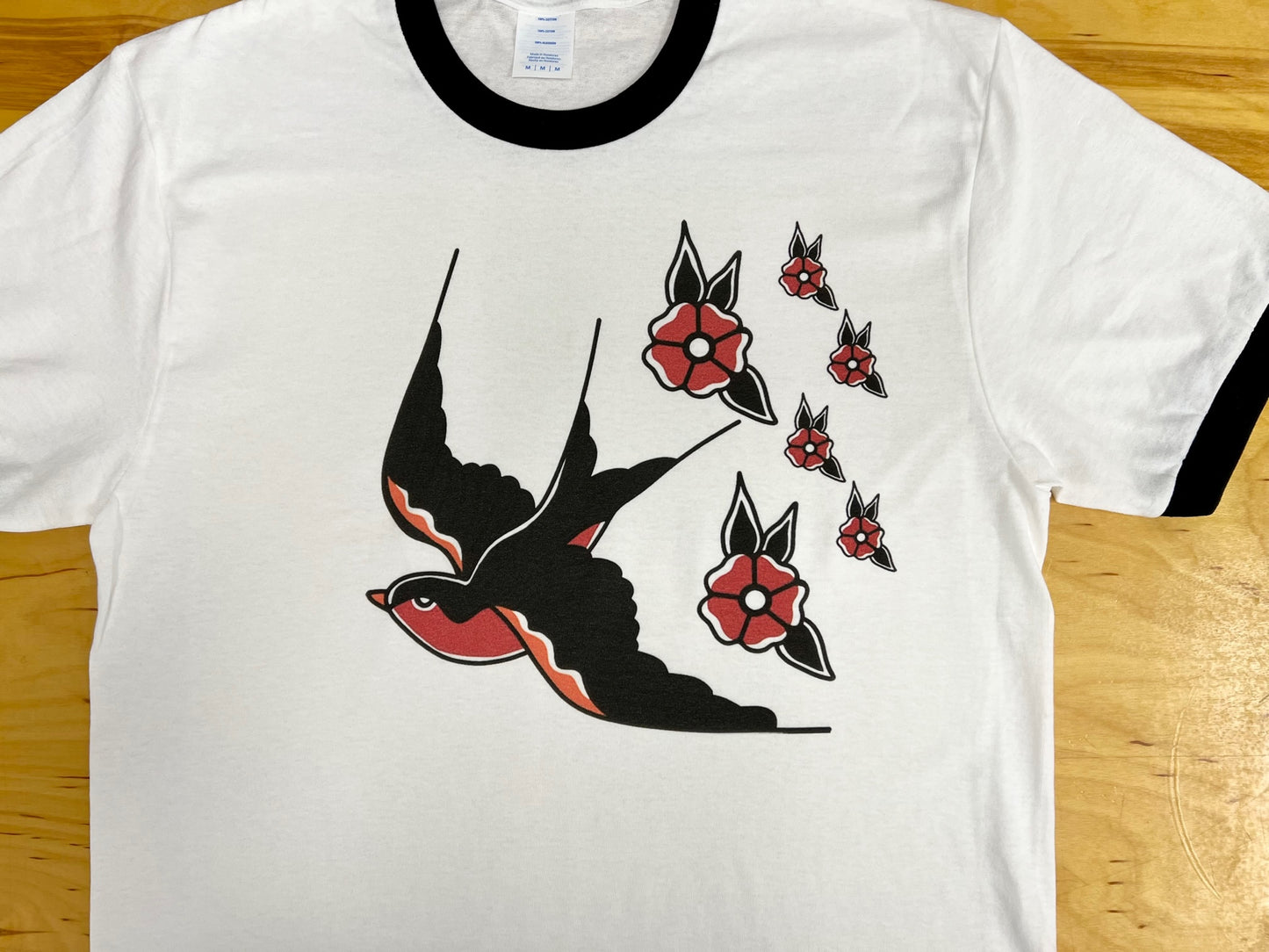 Traditional Sparrows and Flowers Black and White Ringer T-Shirt