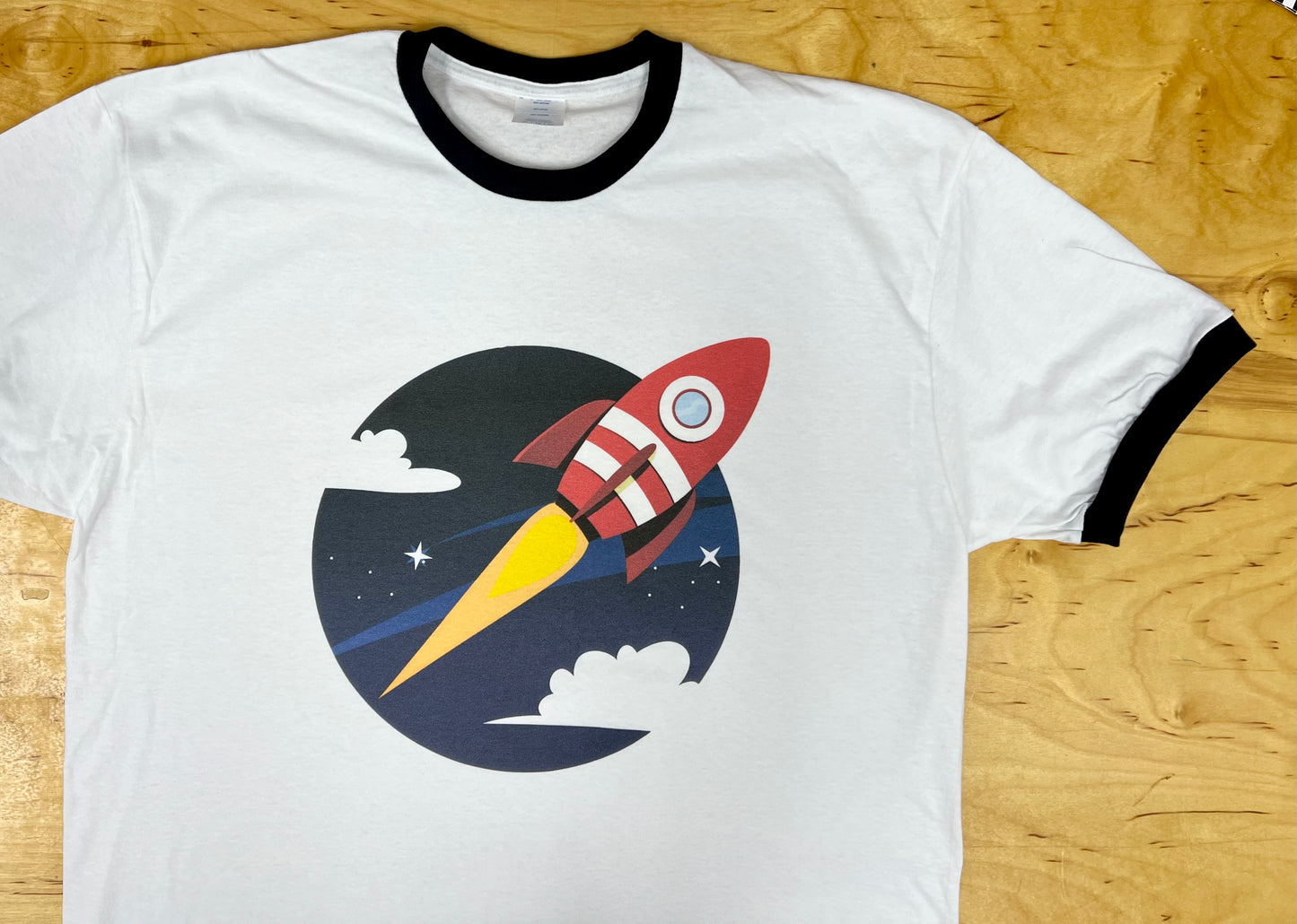 Blast Off Rocket T-Shirt - White and Navy Ringer