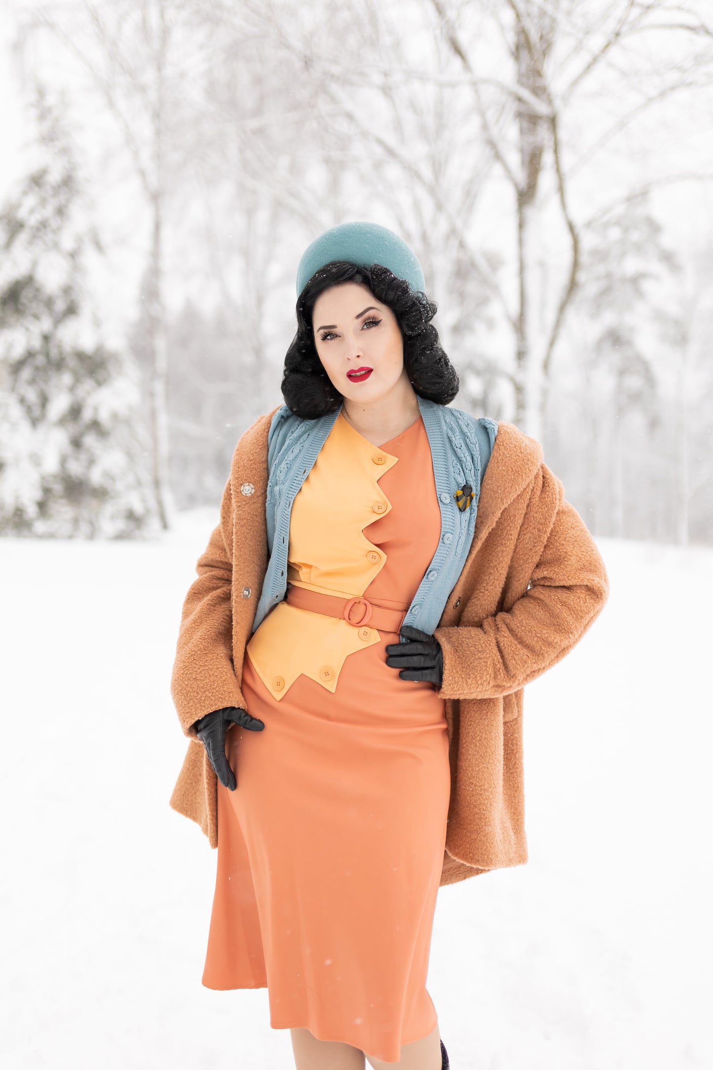 1940s Sawtooth Color Block Dress - Peach/Copper