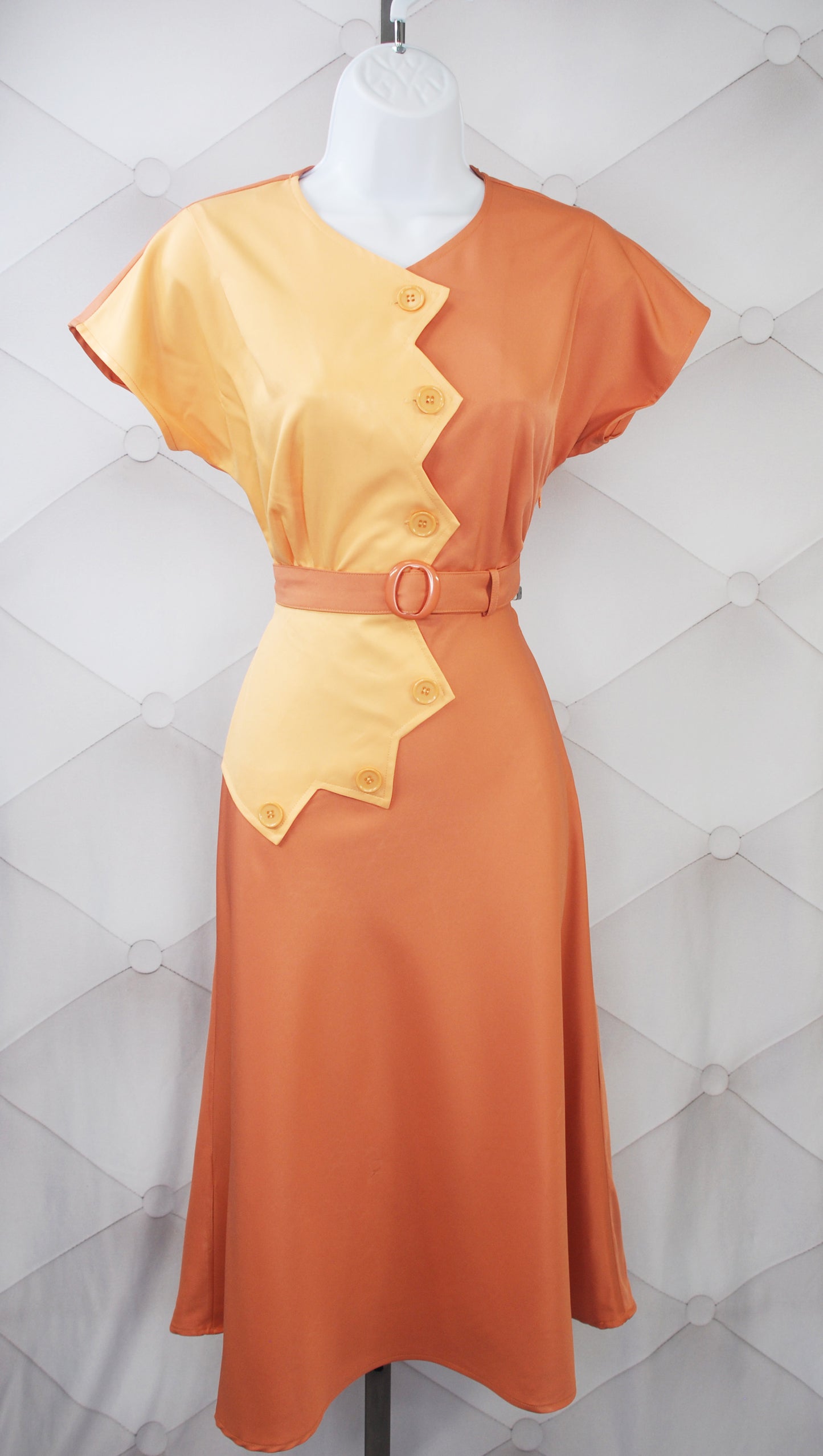 1940s Sawtooth Color Block Dress - Peach/Copper