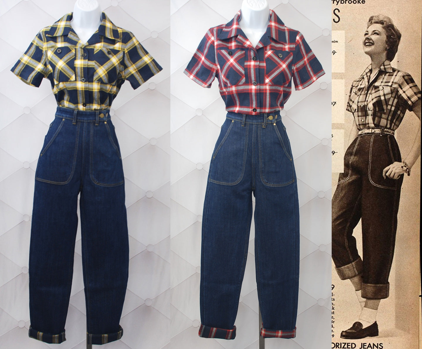 1940s Reproduction Flannel Lined Jeans - Yellow/Blue