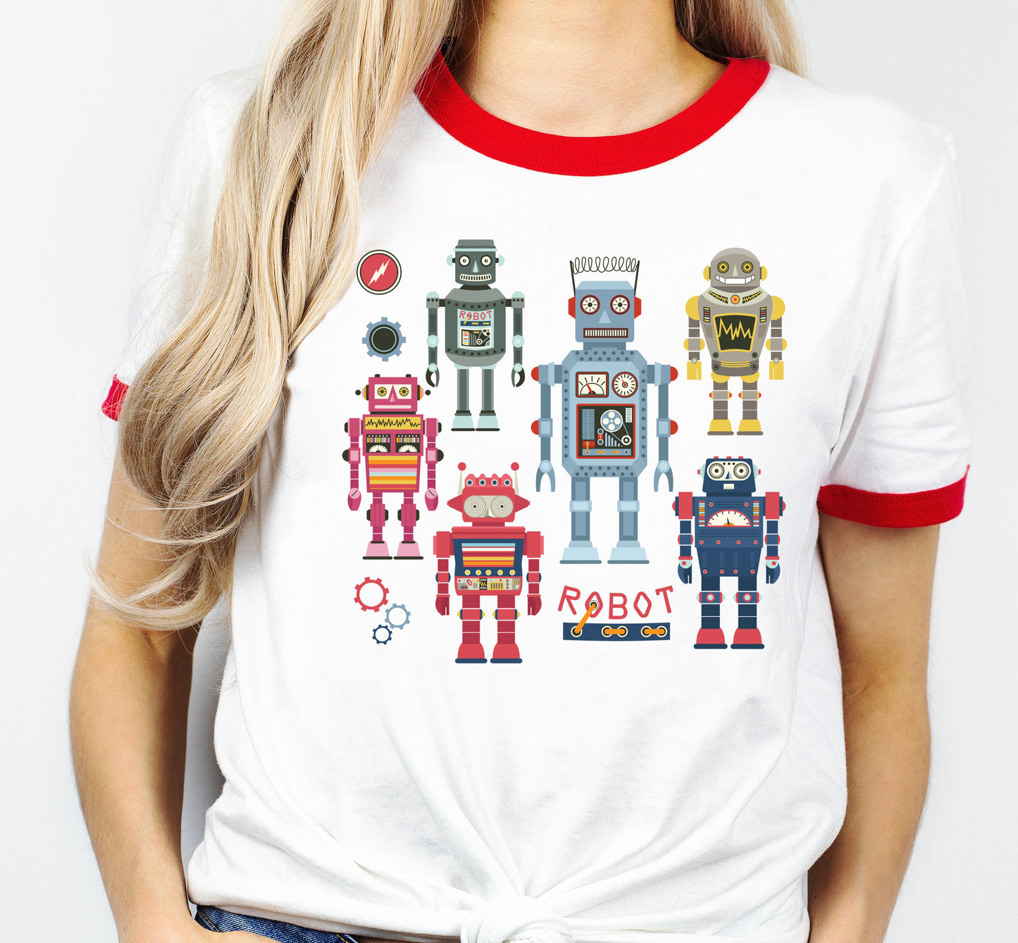 Retro Robots Red and White Ringer T-Shirt