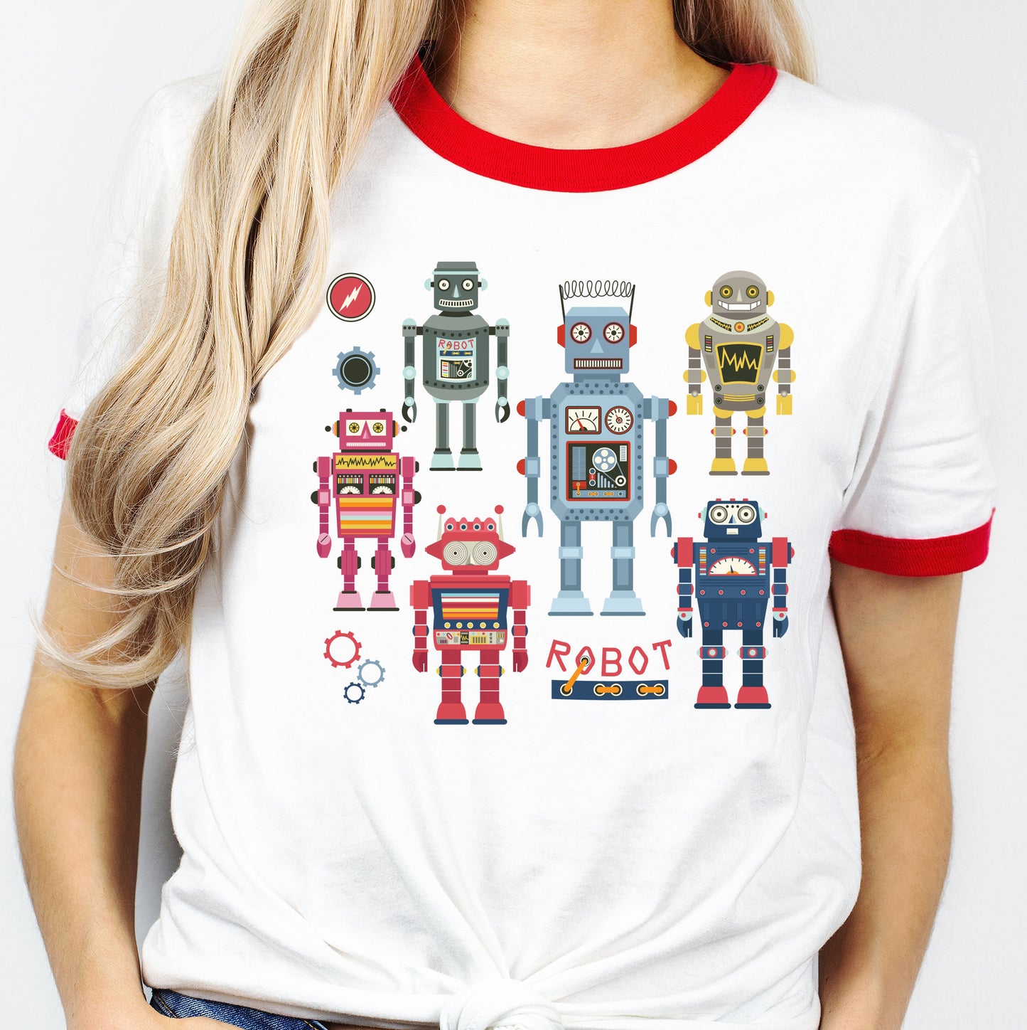 Retro Robots Red and White Ringer T-Shirt