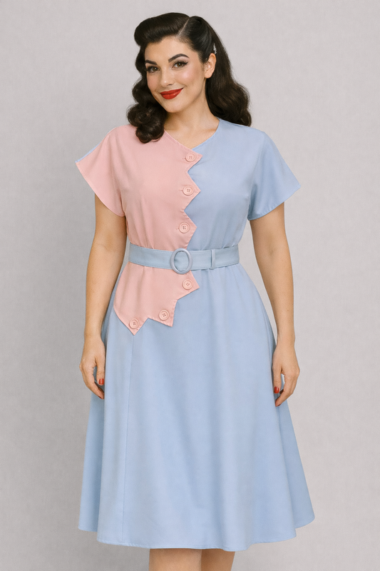 1940s Sawtooth Color Block Dress - Pink/Blue