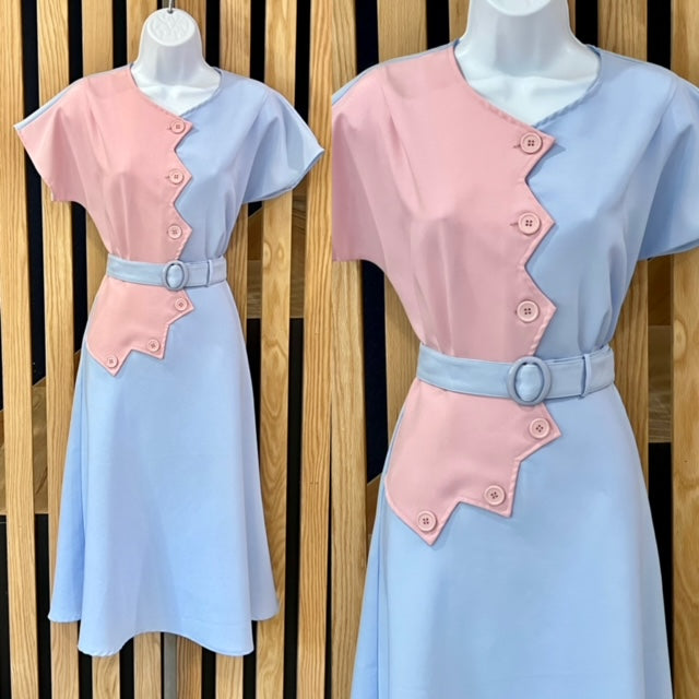 1940s Sawtooth Color Block Dress - Pink/Blue