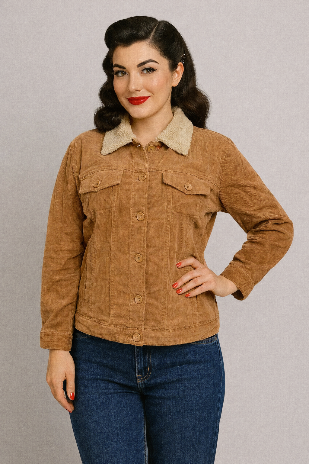 Fleece-Lined Corduroy Trucker Jacket - Brown