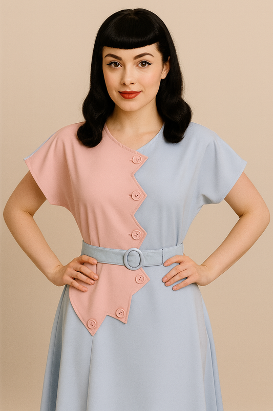 1940s Sawtooth Color Block Dress - Pink/Blue