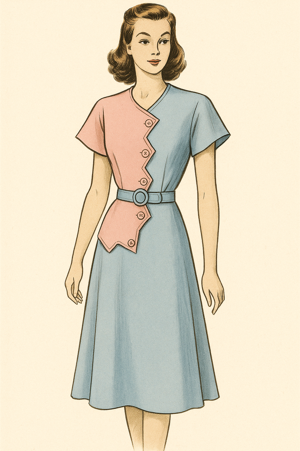 pink and blue color block dress 1940s Sawtooth Color Block Dress