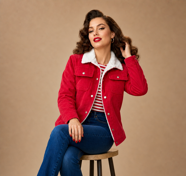 Fleece-Lined Corduroy Trucker Jacket - Red