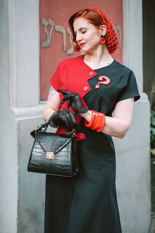 1940s Sawtooth Color Block Dress - Red/Black