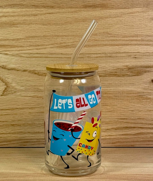 Let’s All Go To The Drive-In Glass with Bamboo Lid and Straw