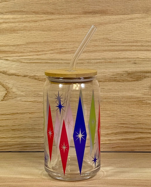 MCM Multi-Colored Starburst Glass with Bamboo Lid and Straw