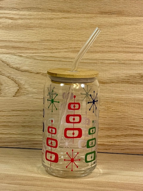 Mid-Century Modern Glass with Bamboo Lid and Straw