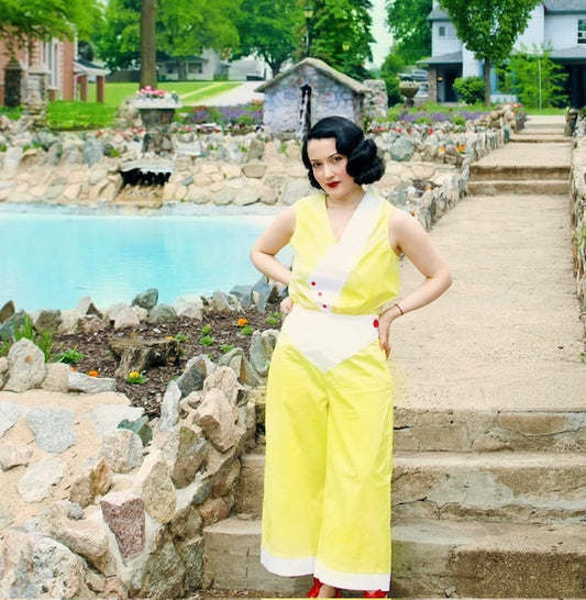 1930s Deco Beach Pyjama Culottes - Lemon