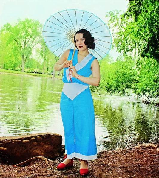 1930s Deco Beach Pyjama Culottes - Berry Blue