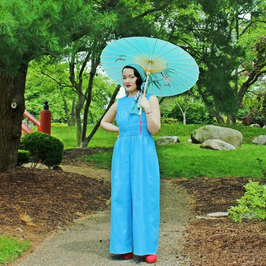 1930s Deco Beach Pyjama Jumpsuit- Berry Blue