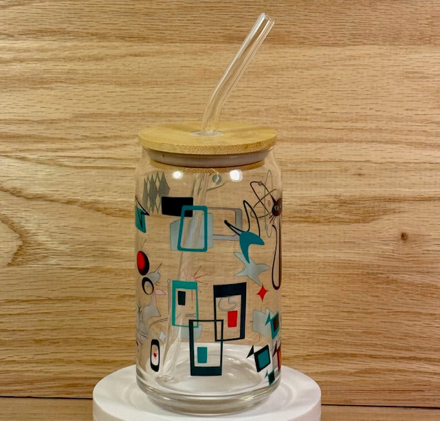 MCM Mix Retro Cat Glass with Bamboo Lid and Straw