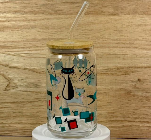 MCM Mix Retro Cat Glass with Bamboo Lid and Straw