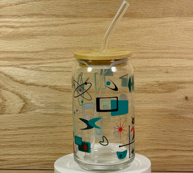 MCM Mix Retro Cat Glass with Bamboo Lid and Straw