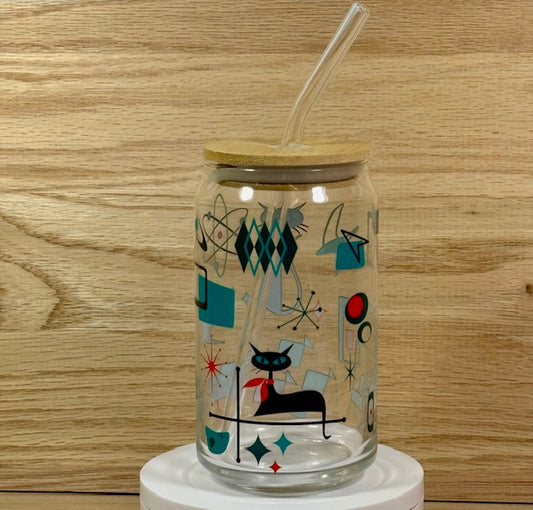 MCM Mix Retro Cat Glass with Bamboo Lid and Straw