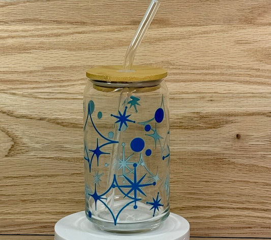 Turquoise Mid-Century Modern Glass with Bamboo Lid and Straw