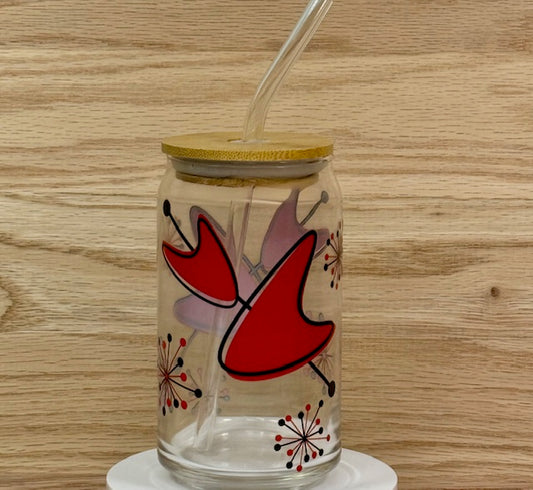 MCM Red Sputnik Boomerang Glass with Bamboo Lid and Straw