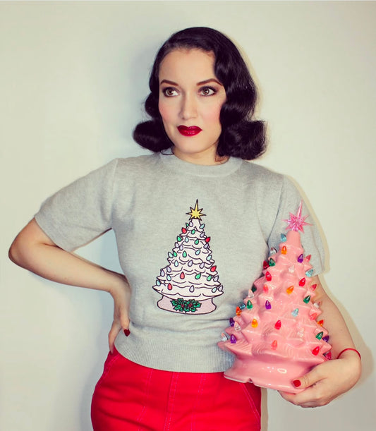 Kitschmas Pink Ceramic Tree Grey Sweater