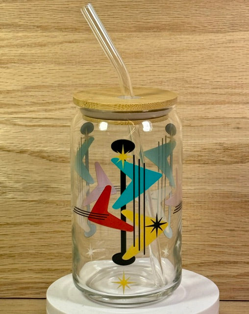 MCM Multi Arrow Starburst Glass with Bamboo Lid and Straw