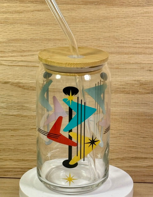 MCM Multi Arrow Starburst Glass with Bamboo Lid and Straw