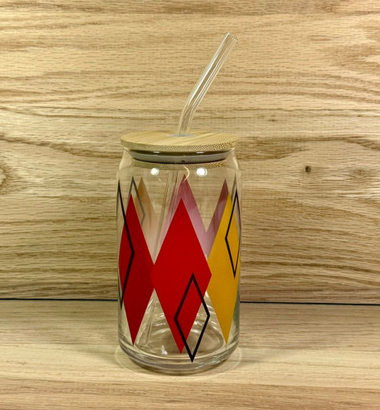 MCM Red StarBurst Glass with Bamboo Lid and Straw