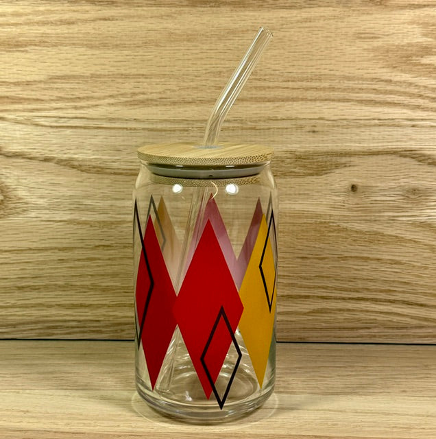 MCM Red StarBurst Glass with Bamboo Lid and Straw
