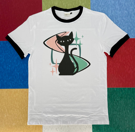 MCM Atomic Bettie Cat Boomerang Black and White Ringer Tee